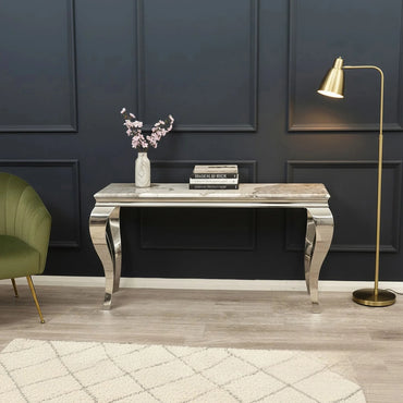 Luxury Lorens Chrome Console Table Steel Legs With 140x40cm Cream/Beige Marble Top