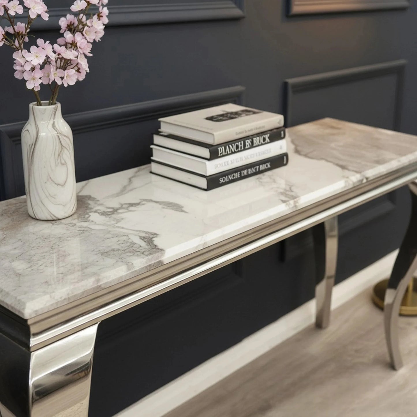 Luxury Lorens Chrome Console Table Steel Legs With 140x40cm Cream/Beige Marble Top