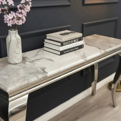 Luxury Lorens Chrome Console Table Steel Legs With 140x40cm Cream/Beige Marble Top