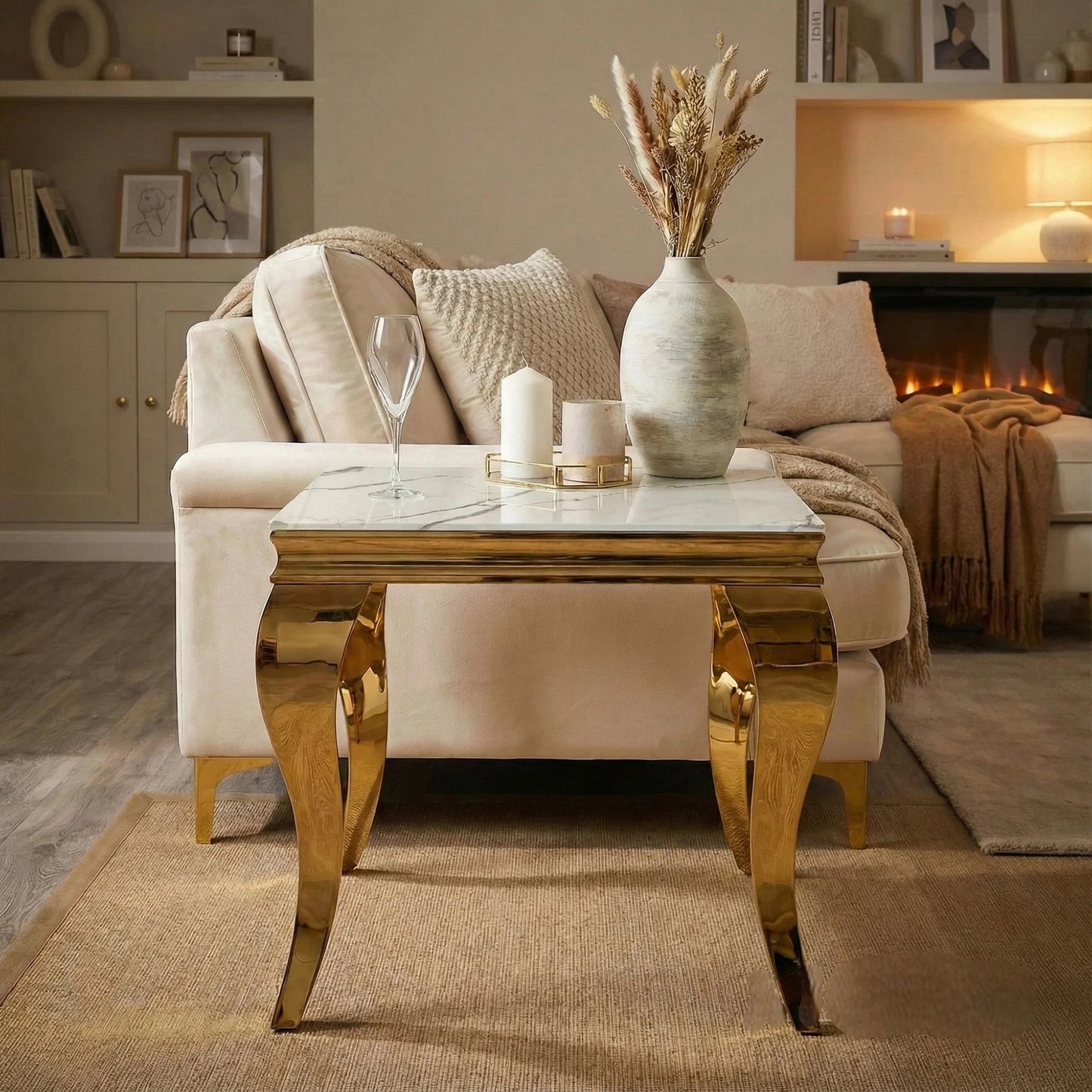 Luxury Lorens Gold Lamp Table With 60x60cm White Sintered Stone Top