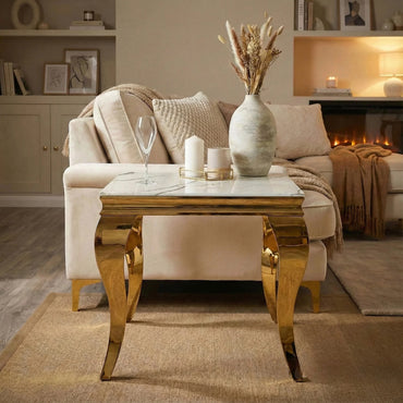 Luxury Lorens Gold Lamp Table With 60x60cm White Sintered Stone Top