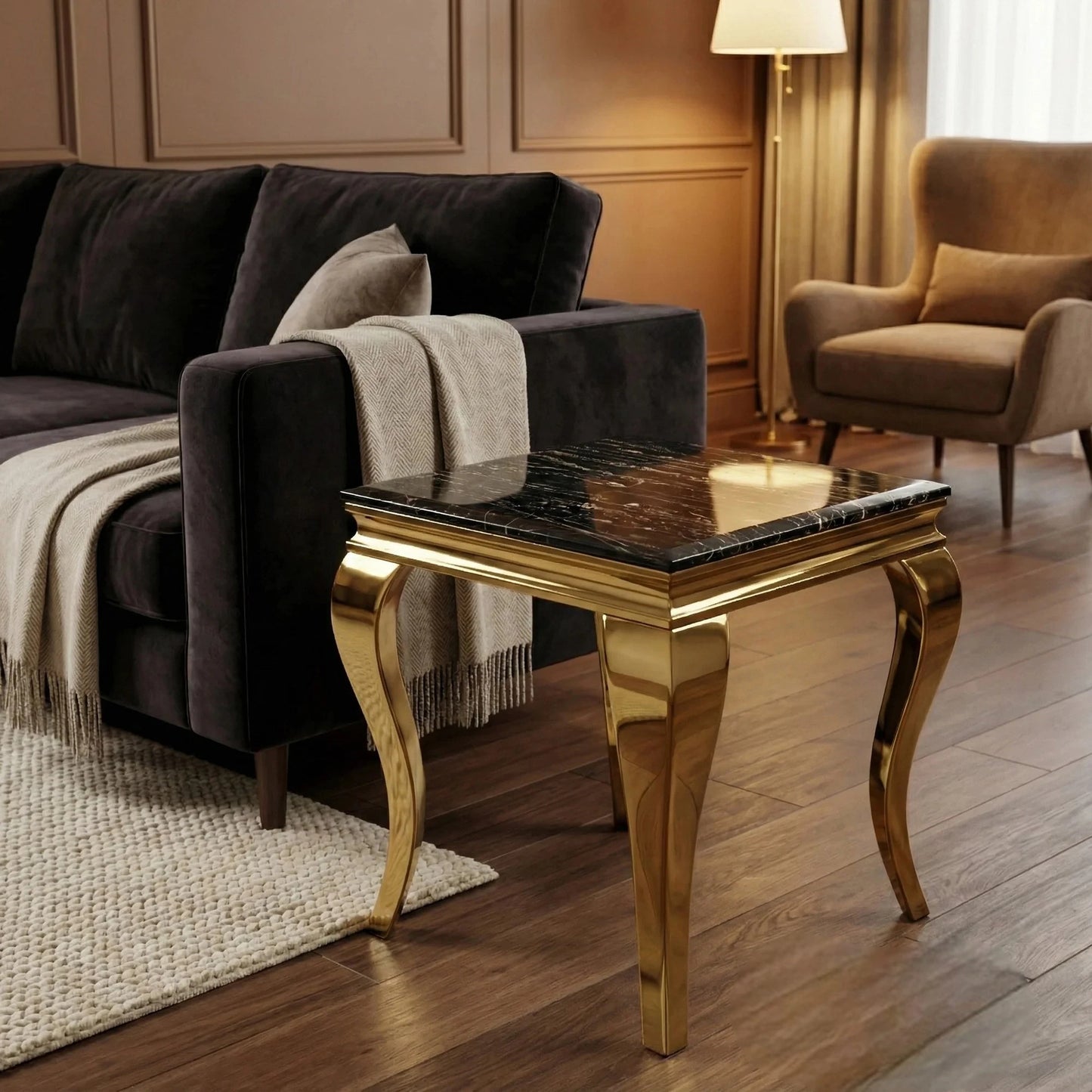 Luxury Lorens Gold Lamp Table With 60x60cm White Sintered Stone Top