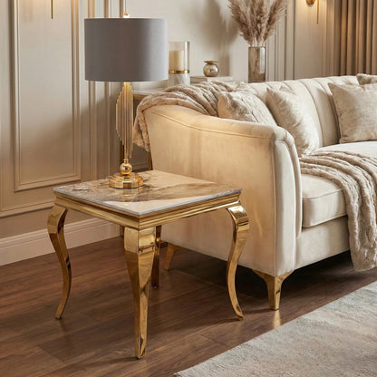 Luxury Lorens Gold Lamp Table With 60x60cm White Sintered Stone Top