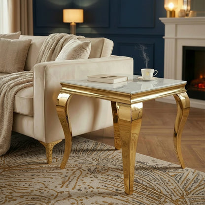 Luxury Lorens Gold Lamp Table With 60x60cm White Sintered Stone Top