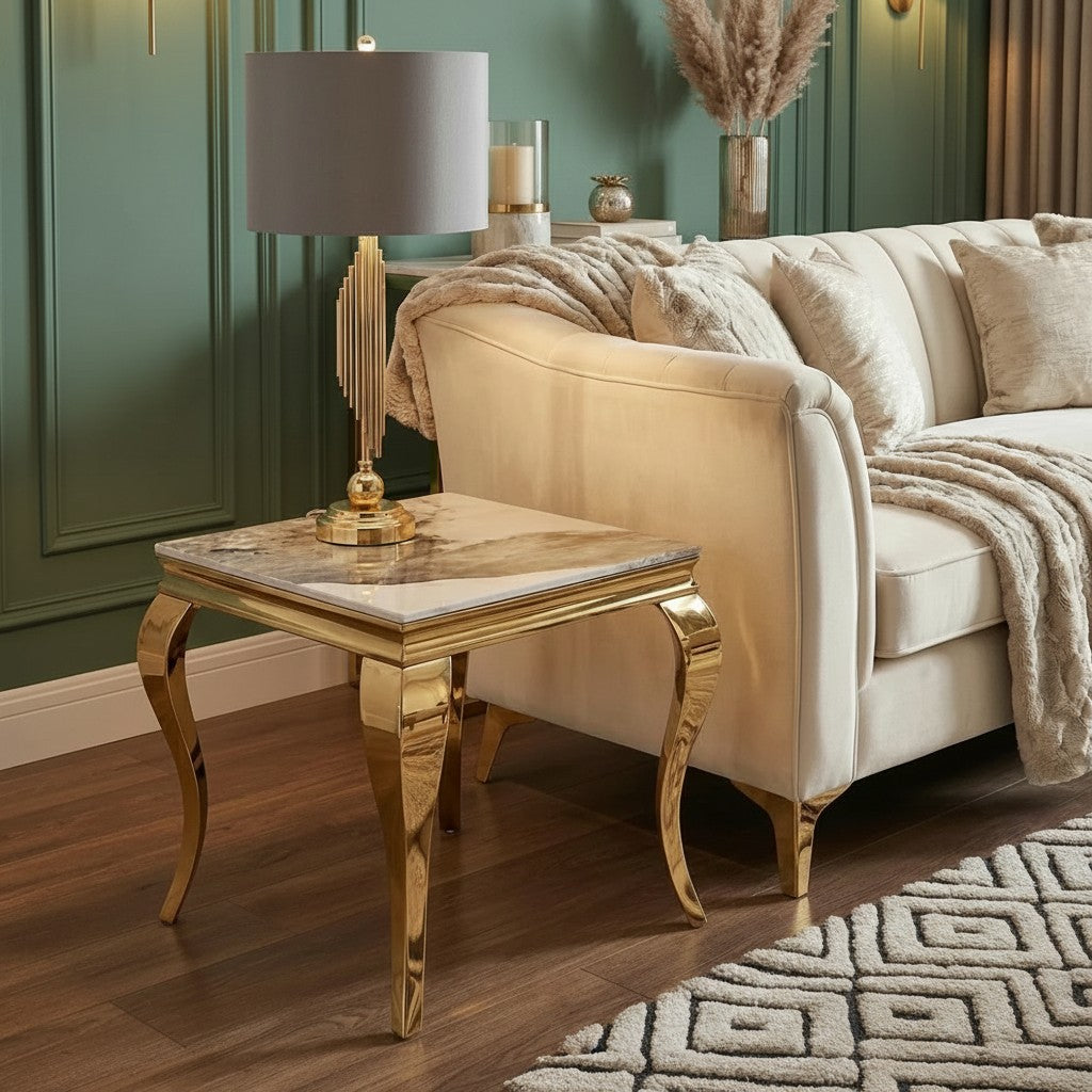 Luxury Lorens Gold Lamp Table With 60x60cm White Sintered Stone Top