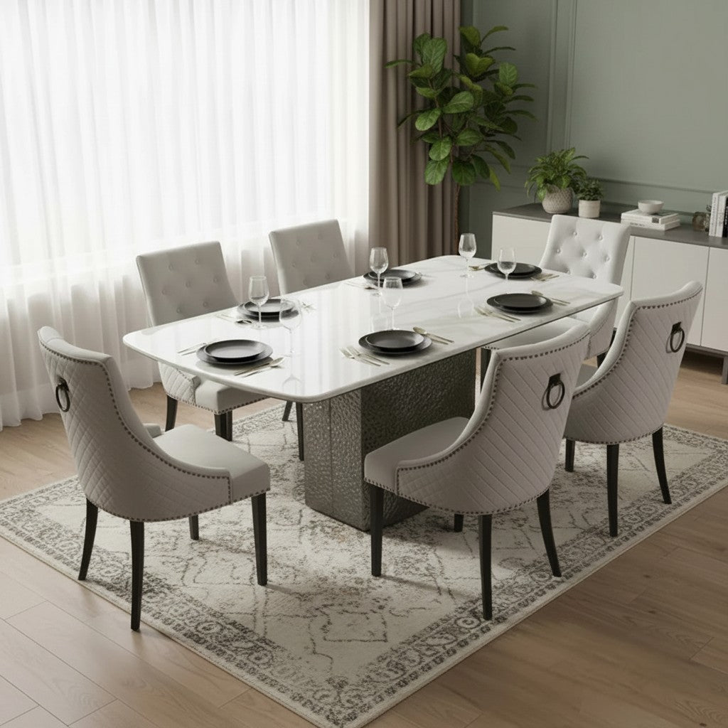 Luxury Lucca 1.8m Slimline White Marble Dining Set Table With Gunnar Light Grey Velvet Chairs