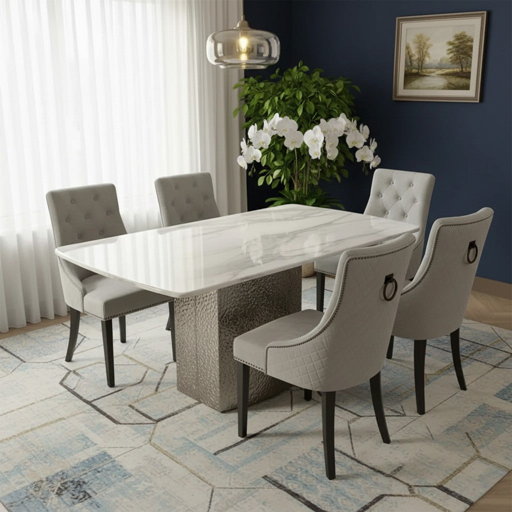 Luxury Lucca 1.8m Slimline White Marble Dining Set Table With Gunnar Light Grey Velvet Chairs