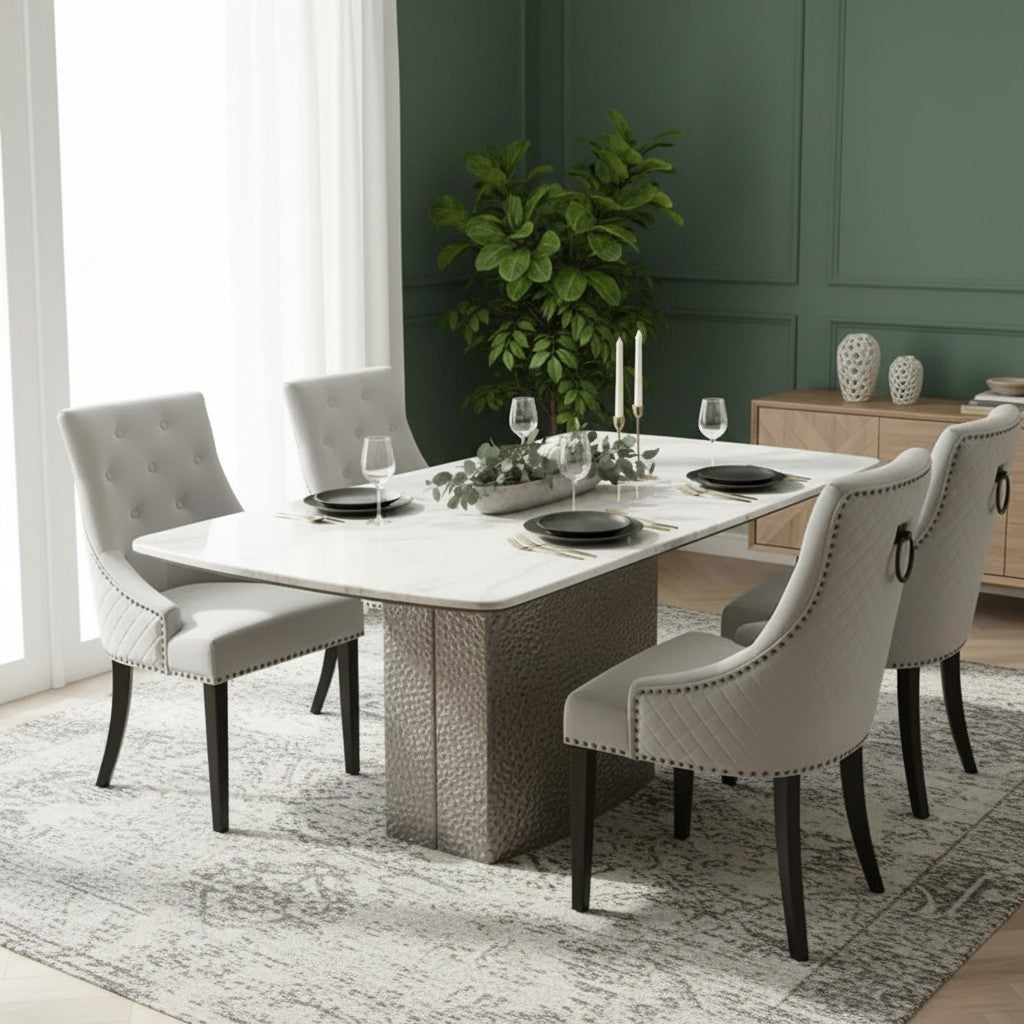 Luxury Lucca 1.8m Slimline White Marble Dining Set Table With Gunnar Light Grey Velvet Chairs