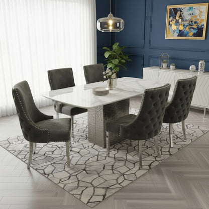 Luxury Lucca 1.8m Slimline White Marble Dining Set Table With Oskar Dark Grey Velvet Chairs