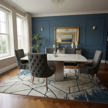 Luxury Lucca 1.8m Slimline White Marble Dining Set Table With Oskar Dark Grey Velvet Chairs