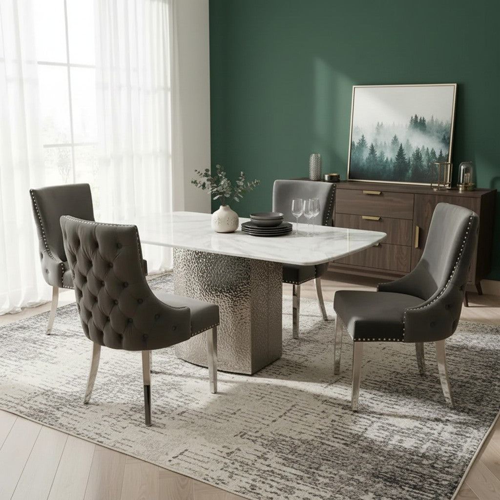 Luxury Lucca 1.8m Slimline White Marble Dining Set Table With Oskar Dark Grey Velvet Chairs