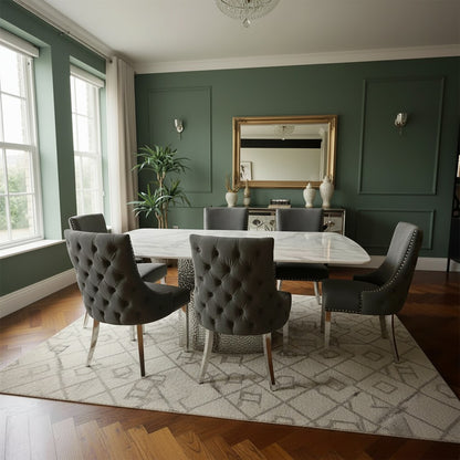 Luxury Lucca 1.8m Slimline White Marble Dining Set Table With Oskar Dark Grey Velvet Chairs
