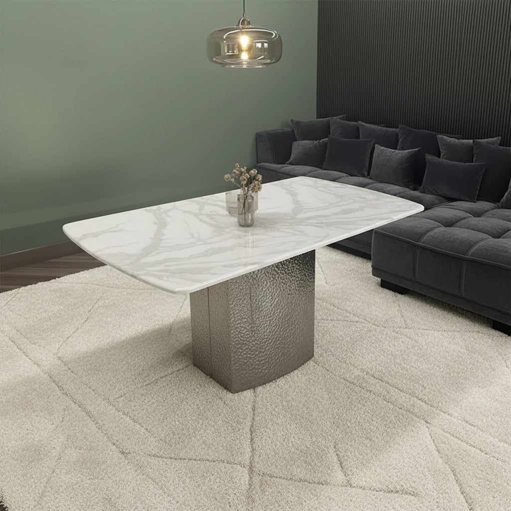 Luxury Lucca 1.8m Slimline White Marble Dining Set Table With Oskar Dark Grey Velvet Chairs