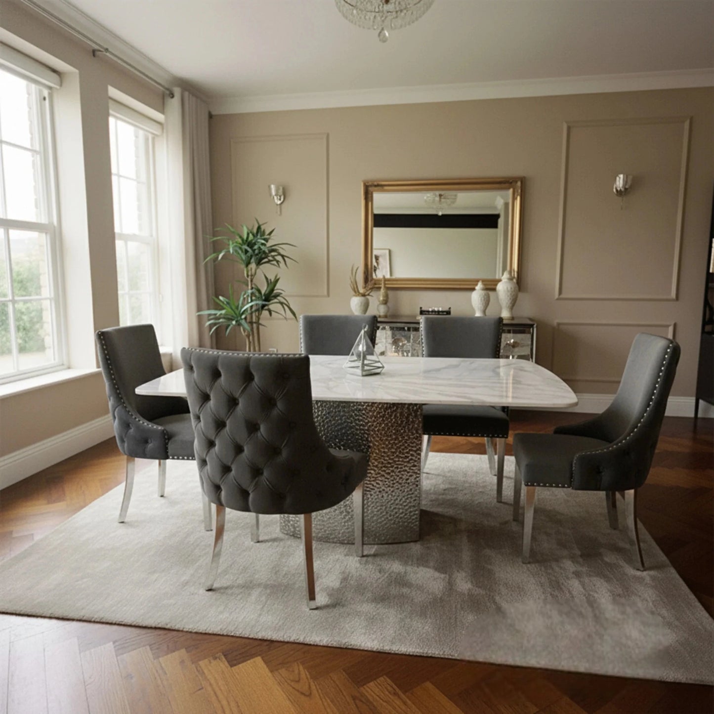 Luxury Lucca 1.8m Slimline White Marble Dining Set Table With Oskar Dark Grey Velvet Chairs
