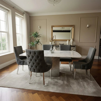Luxury Lucca 1.8m Slimline White Marble Dining Set Table With Oskar Dark Grey Velvet Chairs