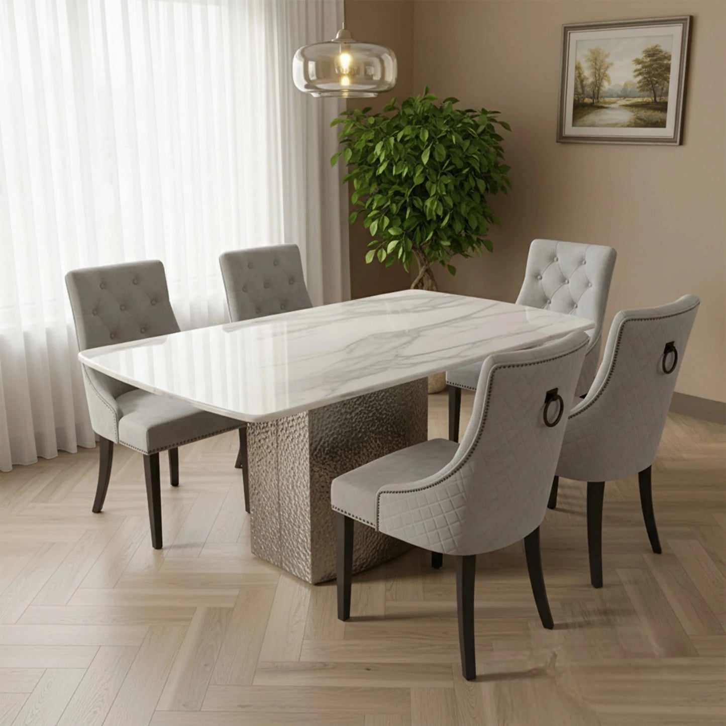 Luxury Lucca 1.8m Slimline White Marble Dining Set Table With Gunnar Light Grey Velvet Chairs