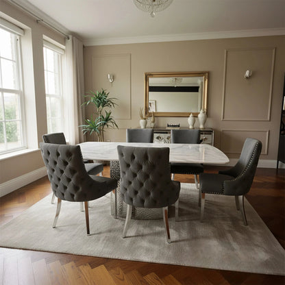 Luxury Lucca 1.8m Slimline White Marble Dining Set Table With Oskar Dark Grey Velvet Chairs