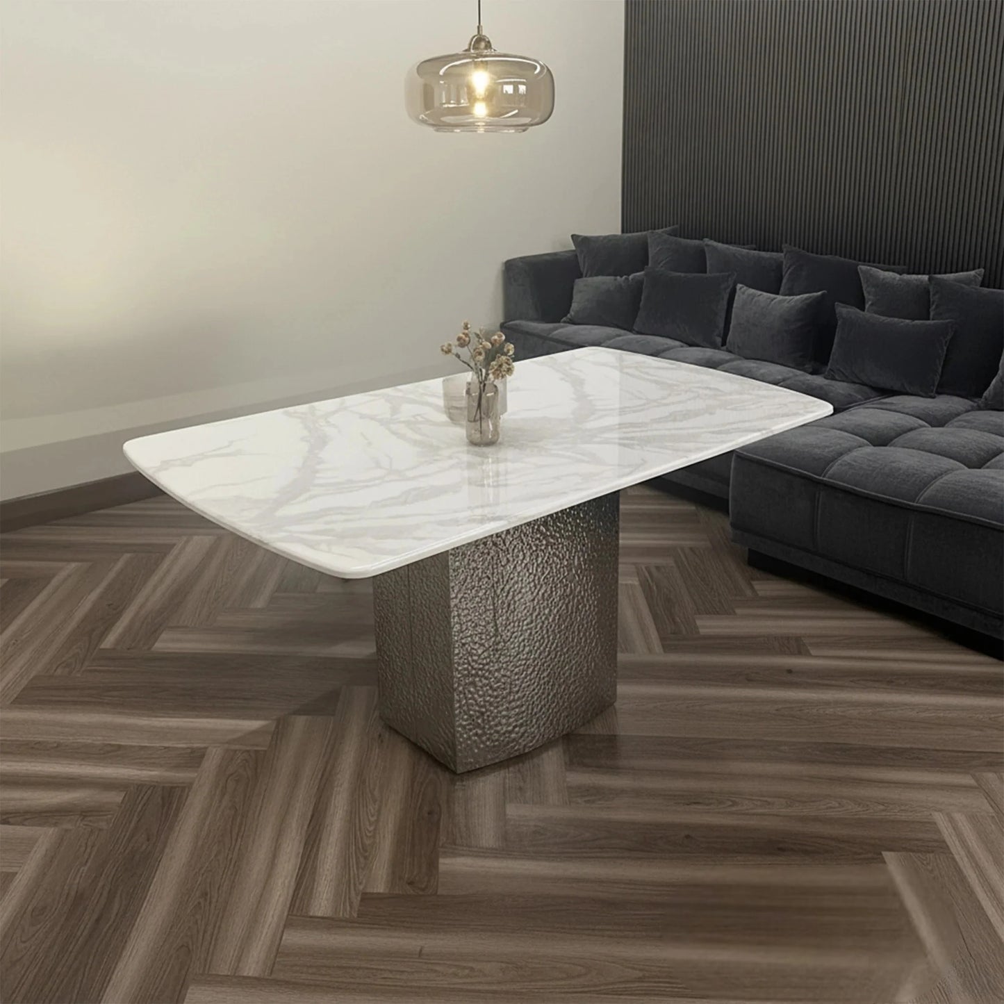 Luxury Lucca 1.8m Slimline White Marble Dining Set Table With Gunnar Light Grey Velvet Chairs