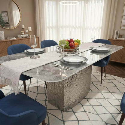 Luxury Lucca 180cm Grey Marble Dining Table With Hammered Metal Block Base