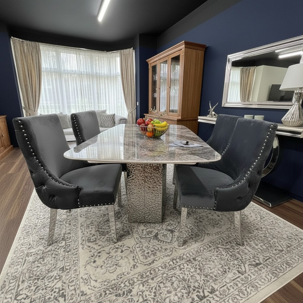 Luxury Lucca 180cm Grey Marble Dining Table With Hammered Metal Block Base