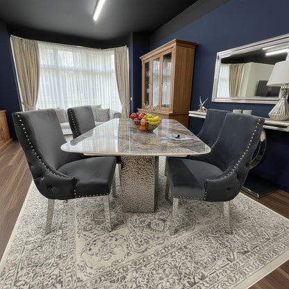 Luxury Lucca 180cm Grey Marble Dining Table With Hammered Metal Block Base