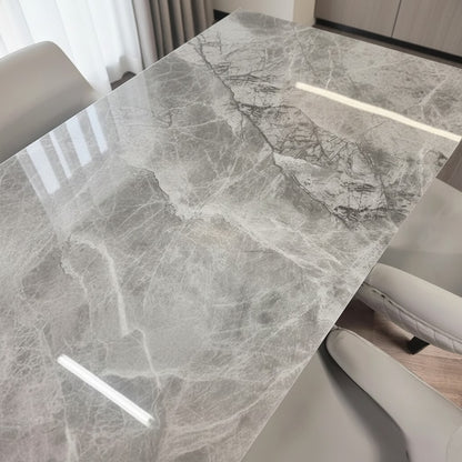 Luxury Lucca 180cm Grey Marble Dining Table With Hammered Metal Block Base