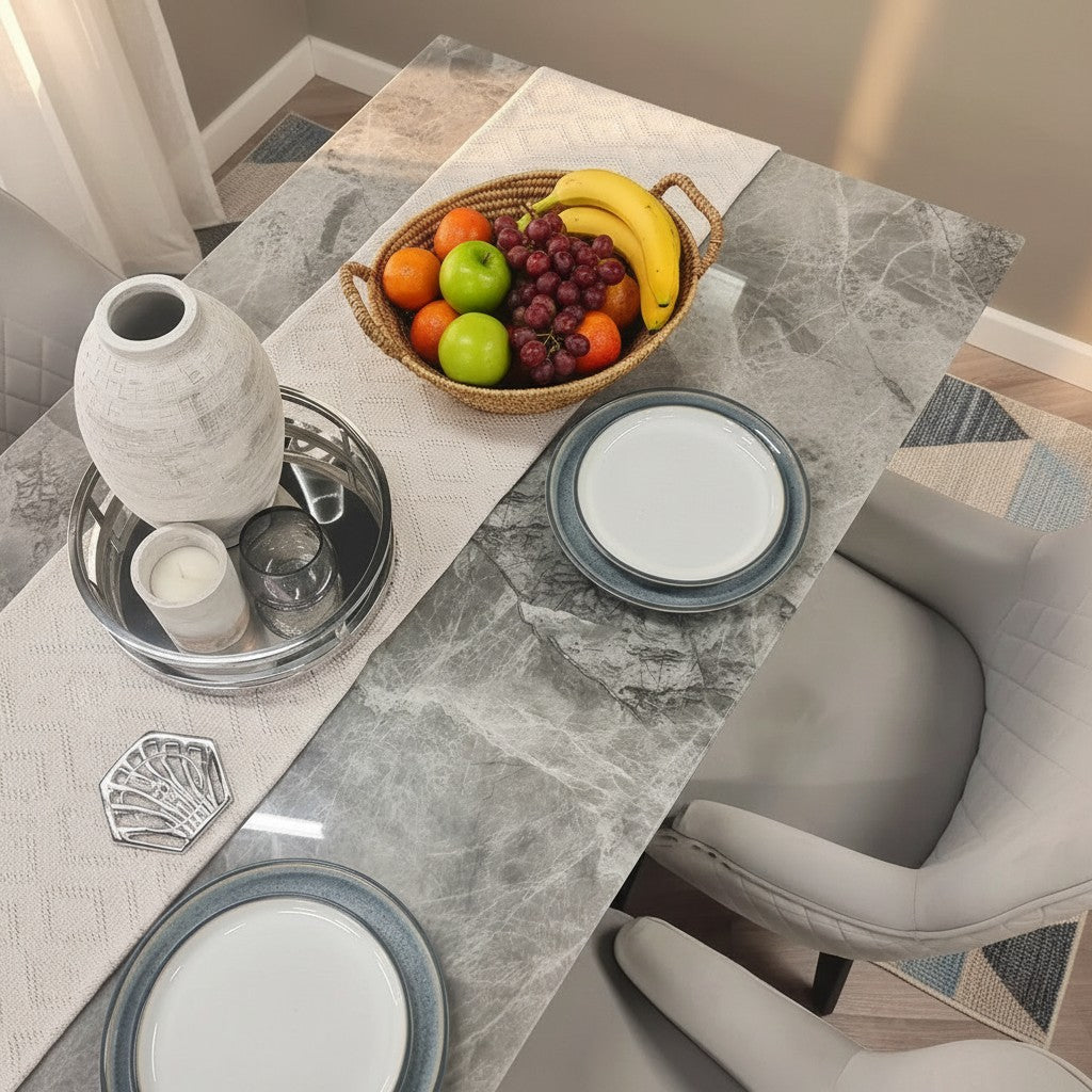 Luxury Lucca 180cm Grey Marble Dining Table With Hammered Metal Block Base
