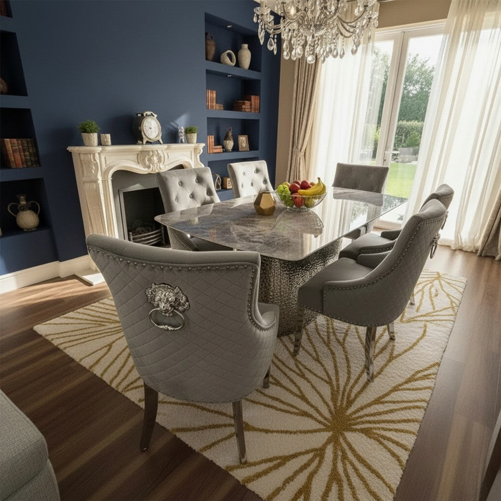 Luxury Lucca 180cm Grey Marble Dining Table With Hammered Metal Block Base