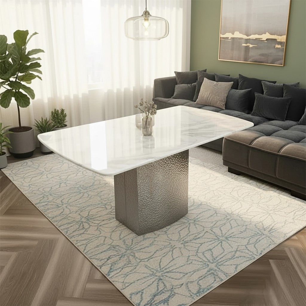 Luxury Lucca White Marble Dining Table With Hammered Metal Block Base