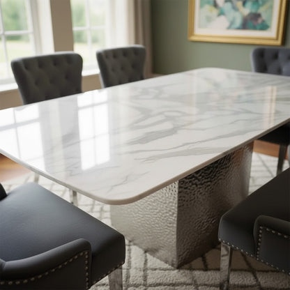 Luxury Lucca White Marble Dining Table With Hammered Metal Block Base