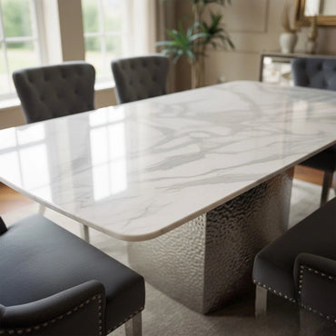 Luxury Lucca White Marble Dining Table With Hammered Metal Block Base
