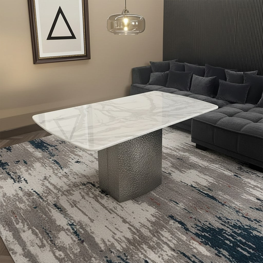 Luxury Lucca White Marble Dining Table With Hammered Metal Block Base