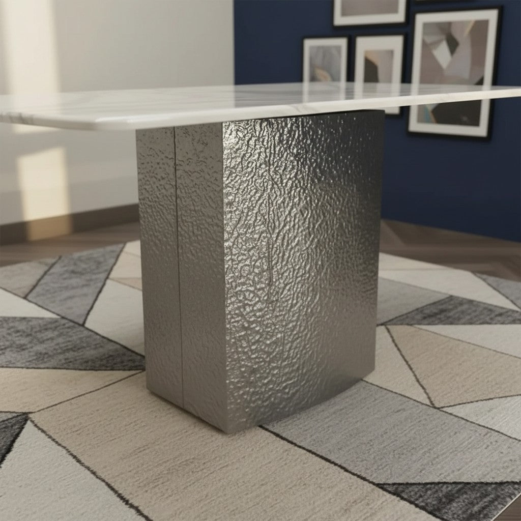 Luxury Lucca White Marble Dining Table With Hammered Metal Block Base