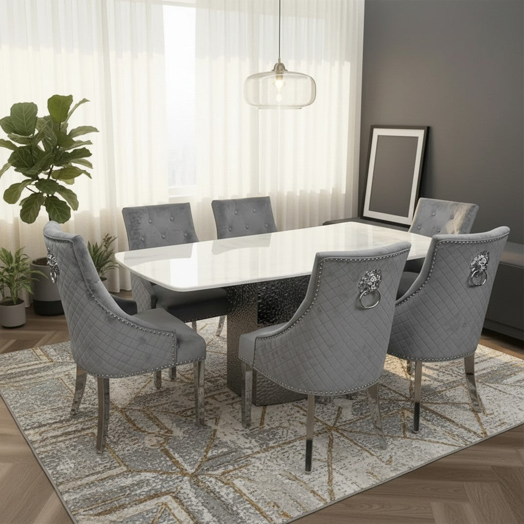 Luxury Lucca White Marble Dining Table With Hammered Metal Block Base