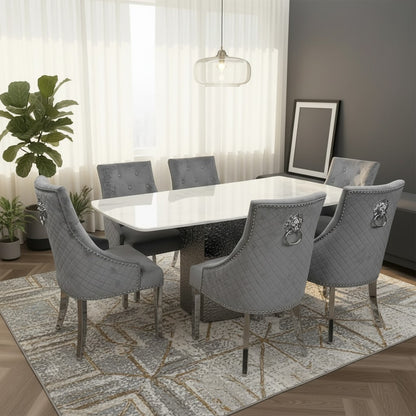 Luxury Lucca White Marble Dining Table With Hammered Metal Block Base