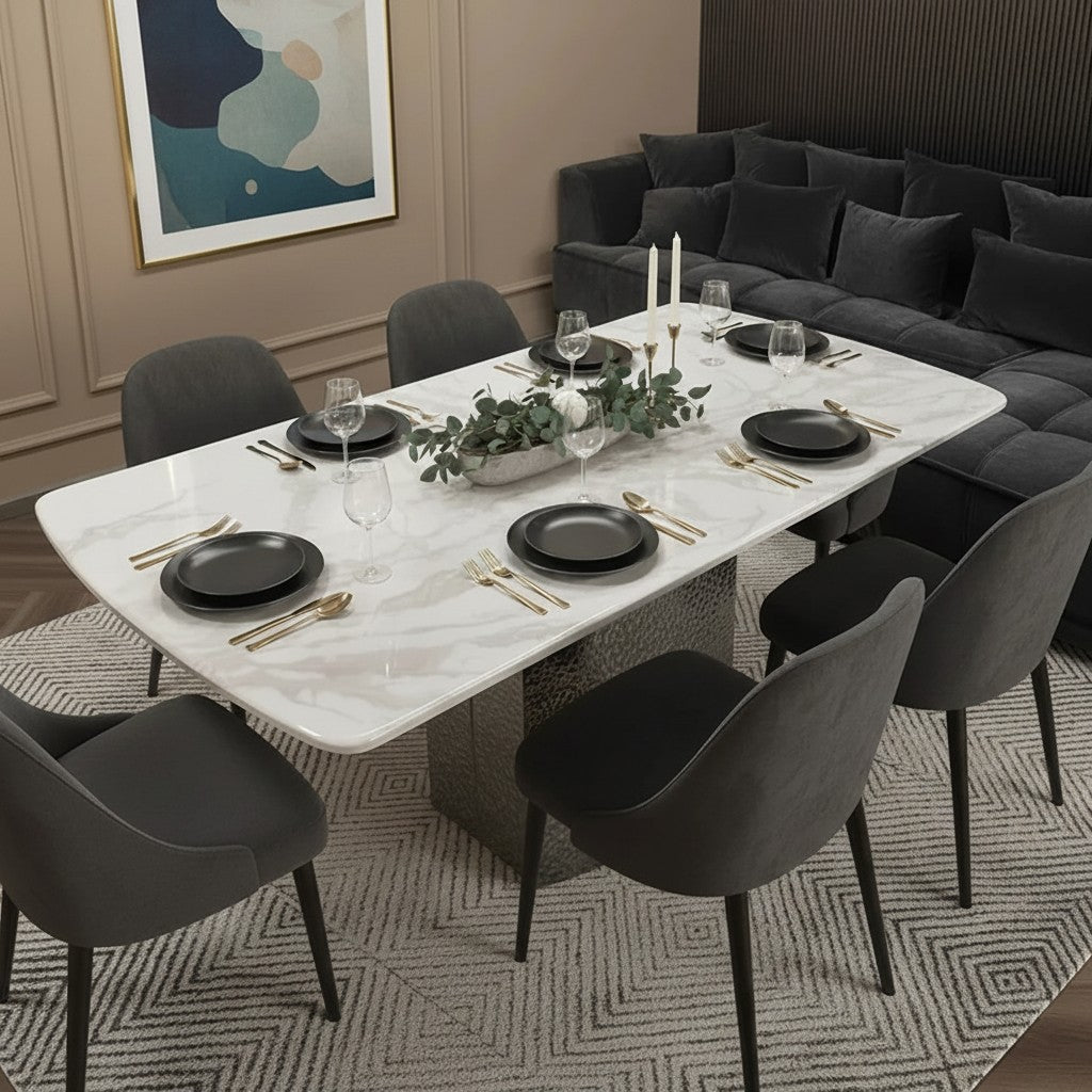 Luxury Lucca White Marble Dining Table With Hammered Metal Block Base