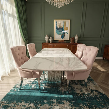 Luxury Lucca White Marble Dining Table With Hammered Metal Block Base
