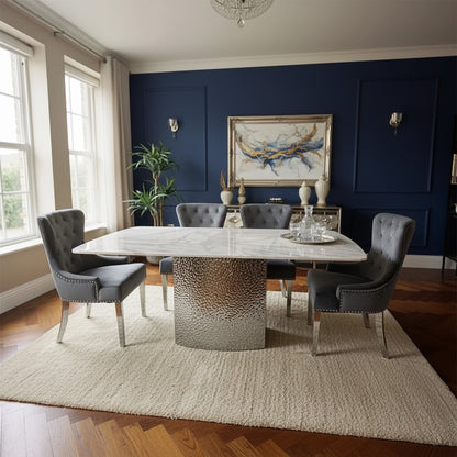 Luxury Lucca White Marble Dining Table With Hammered Metal Block Base