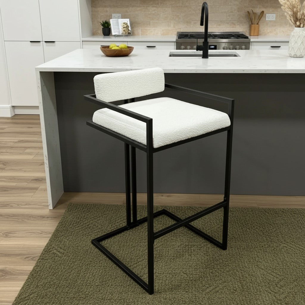 Luxury Nils Boucle Bar Stool With Black Metal Stand And Modern Counter Stool