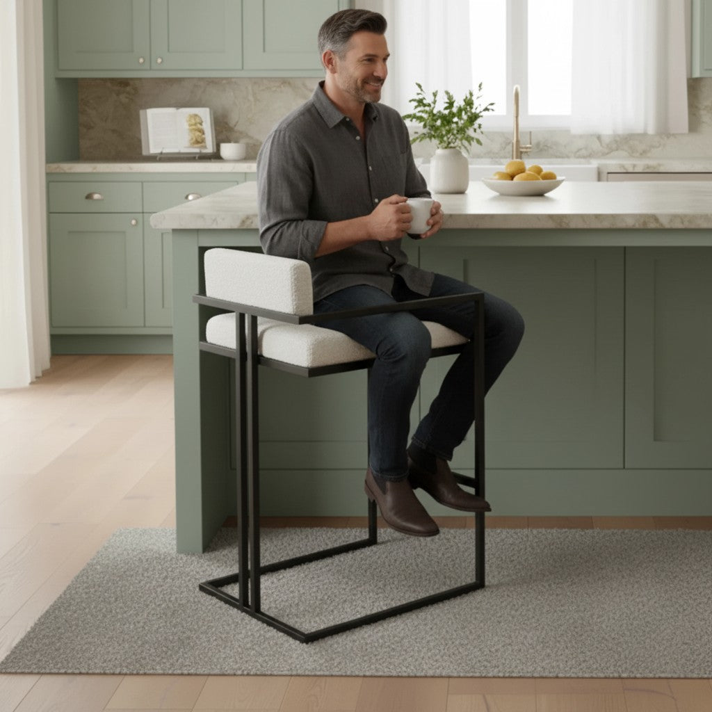 Luxury Nils Boucle Bar Stool With Black Metal Stand And Modern Counter Stool