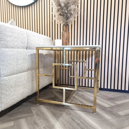 Luxury Nori Art Deco Style Gold Side End Lamp Table With 55x55cm Polar White Stone Top