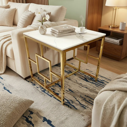 Luxury Nori Art Deco Style Gold Side End Lamp Table With 55x55cm Polar White Stone Top