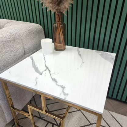 Luxury Nori Art Deco Style Gold Side End Lamp Table With 55x55cm Polar White Stone Top