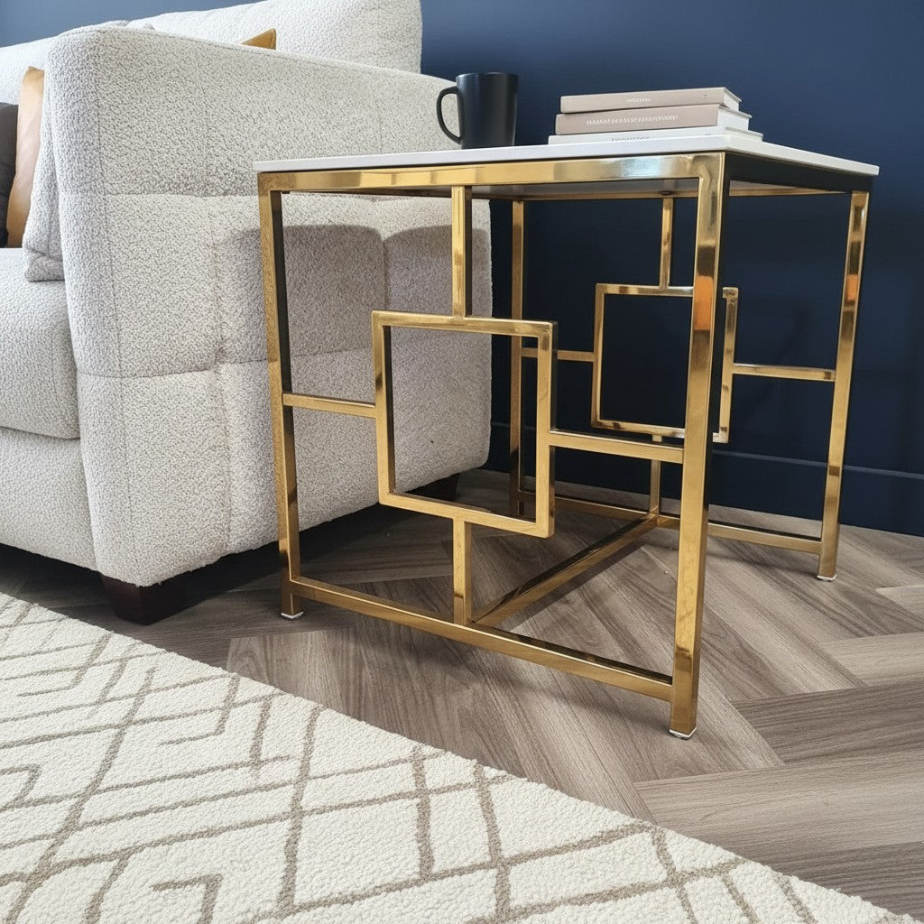 Luxury Nori Art Deco Style Gold Side End Lamp Table With 55x55cm Polar White Stone Top