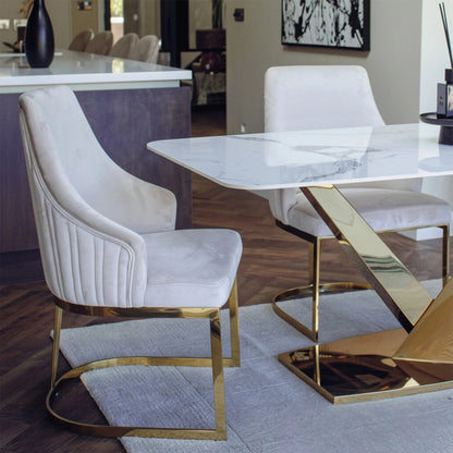 Luxury Olivia Beige Velvet Dining Chair With Fluted Back And Gold Stainless Steel Frame