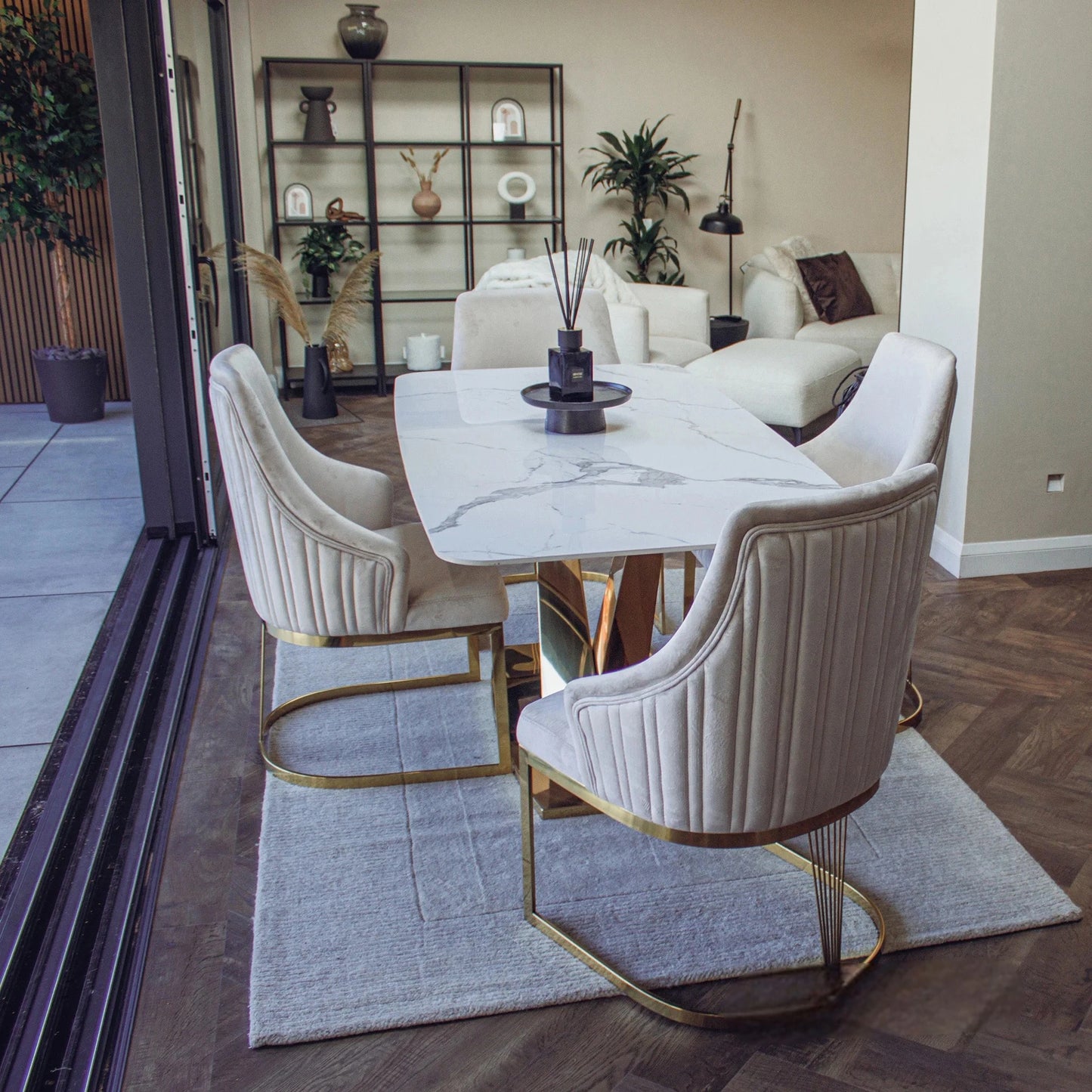 Luxury Olivia Beige Velvet Dining Chair With Fluted Back And Gold Stainless Steel Frame