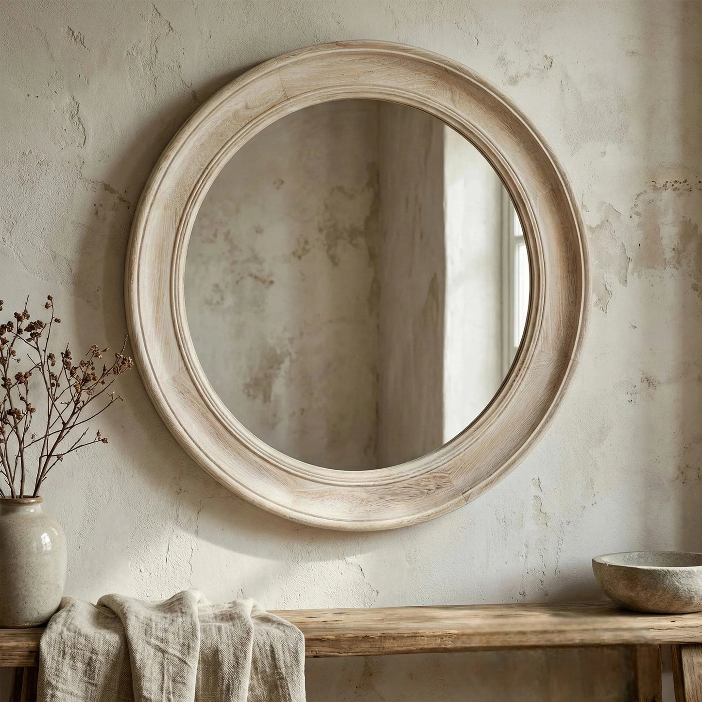 Luxury Orel 90cm Medium Washed Wood Round Wall Mirror In Antique White