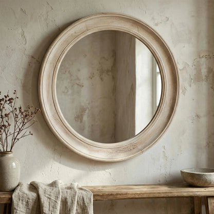 Luxury Orel 90cm Medium Washed Wood Round Wall Mirror In Antique White