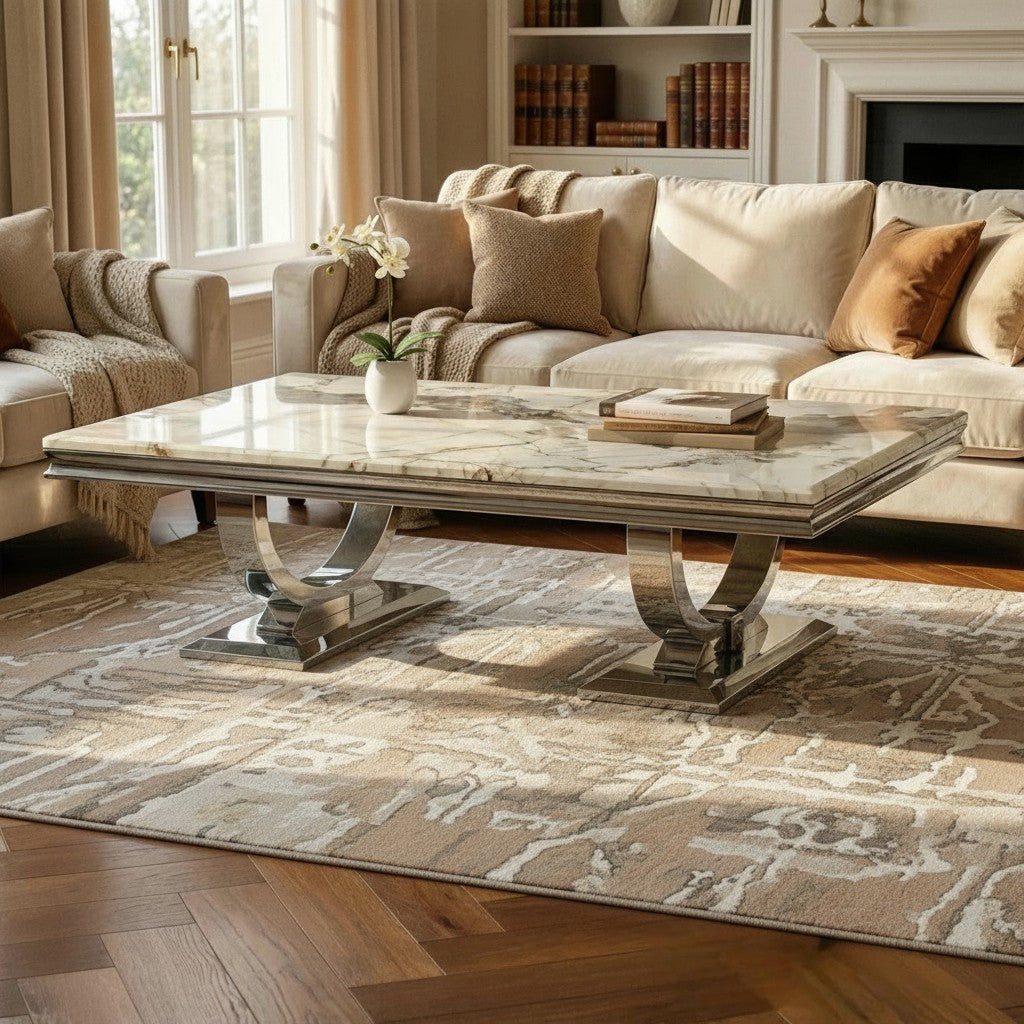 Luxury Orvar 130cm Chrome Coffee Table With Cream/Beige Marble Top And Ring Stand