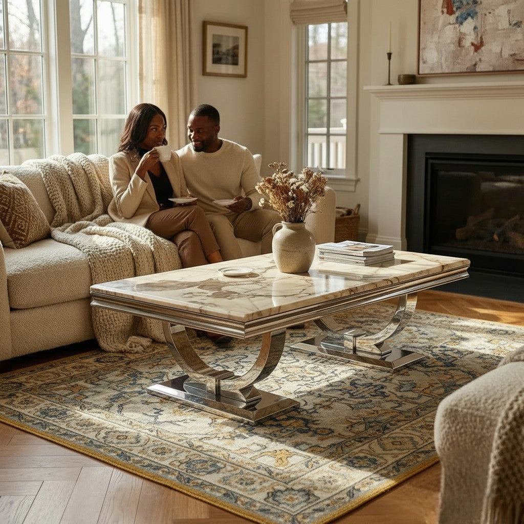 Luxury Orvar 130cm Chrome Coffee Table With Cream/Beige Marble Top And Ring Stand